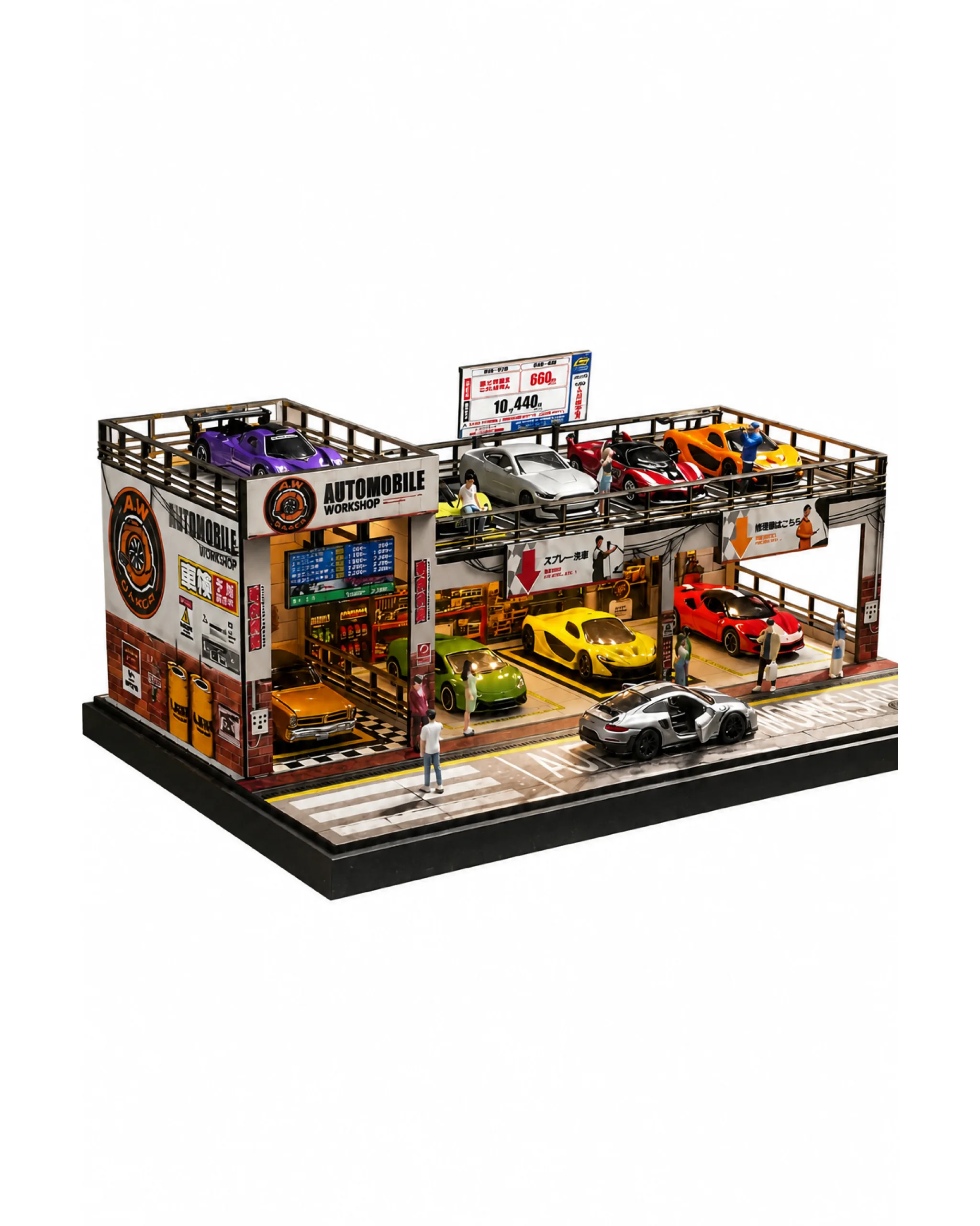 Double-level 1/64 parking workshop — two decks, each bay holds a Mini GT casting