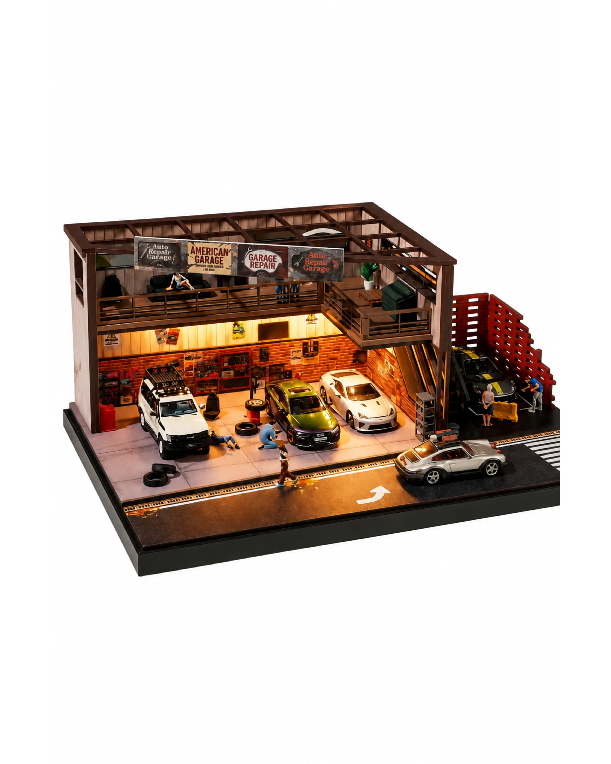 Vintage warehouse repair shop 1/64 diorama — a wider interior suited to trucks and wide bodies